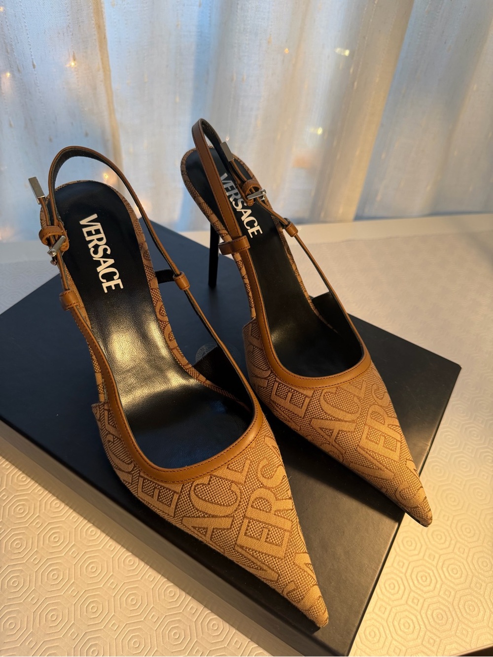 Versace Tan Monogram Slingback Pointed Heels